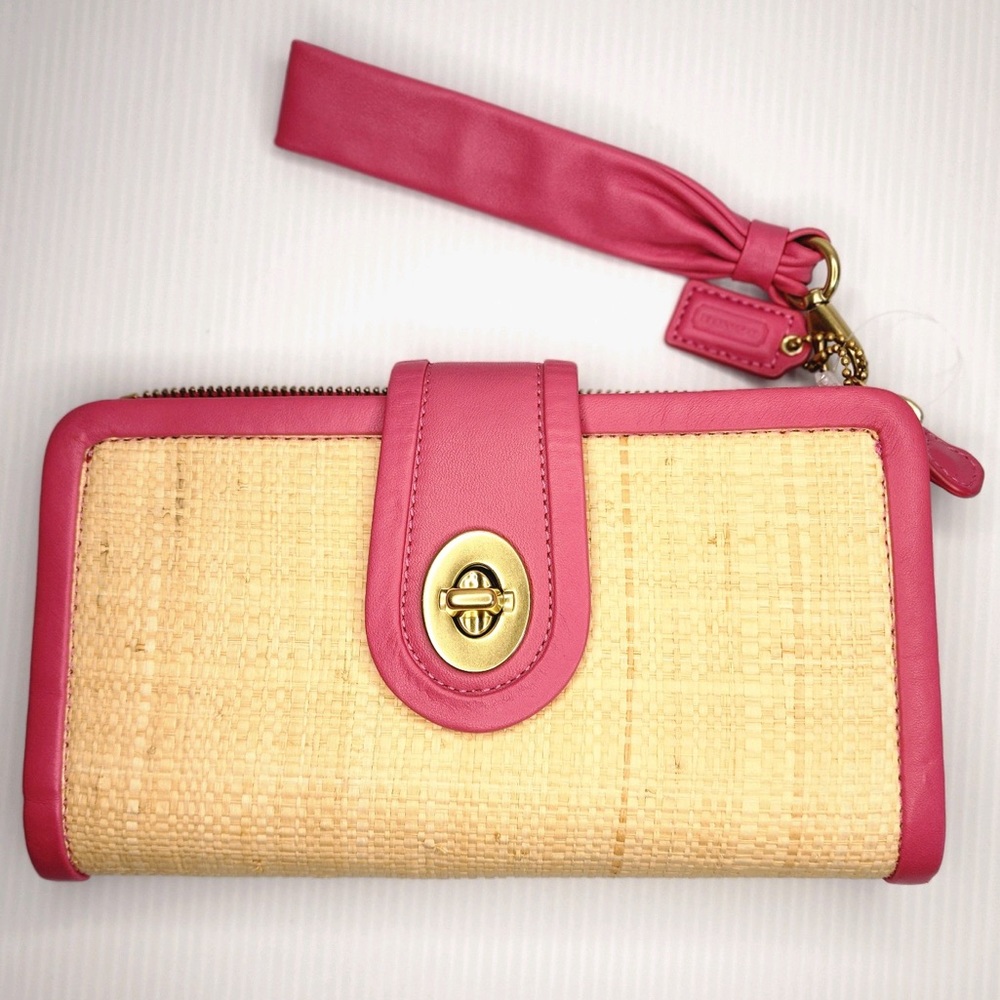 Coach Parker Woven Straw w/Genuine Pink Leather Trim Clutch Wristlet NWOT